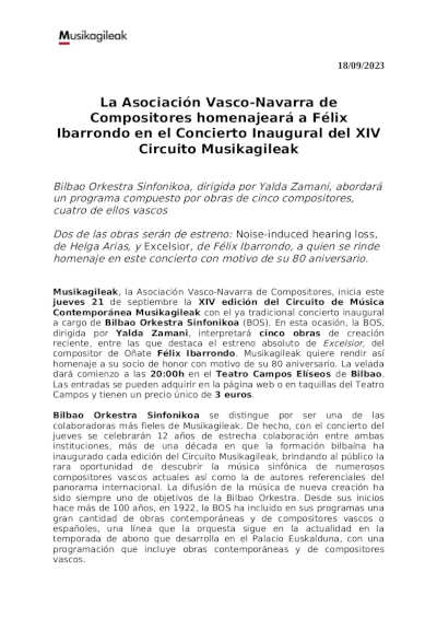 La Asociación Vasco-Navarra de Compositores ofrece el Concierto Inaugural del XIV Circuito Musikagileak