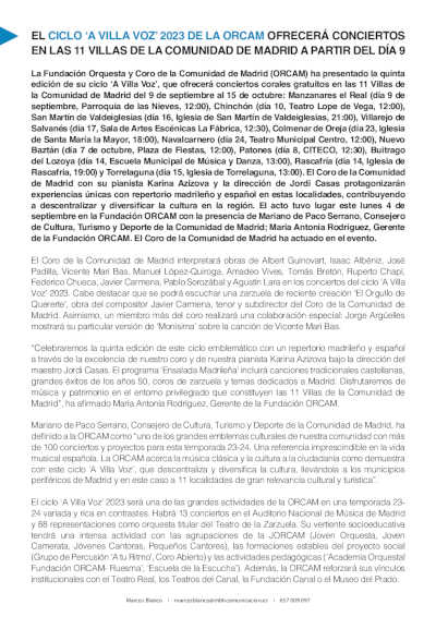 El ciclo ‘A Villa Voz’ 2023 de la ORCAM ofrecerá conciertos en 11 villas de la Comunidad de Madrid