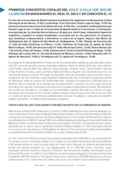Primeros conciertos corales del Ciclo «A Villa Voz» 2023 de la ORCAM en Manzanares del Real y Chinchón