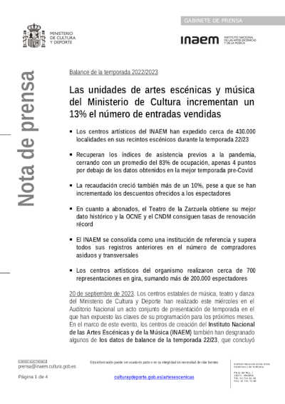 Las unidades de artes escénicas y música del Ministerio de Cultura incrementan un 13% el número de entradas vendidas
