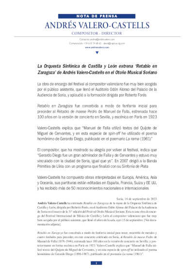 La Orquesta Sinfónica de Castilla y León estrena «Retablo en Zaragoza» en el Otoño Musical Soriano