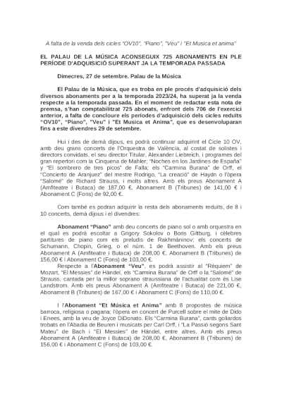 El Palau de la Música alcanza 725 abonados en pleno período de adquisición superando a la pasada temporada