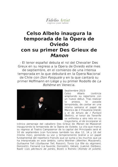 Celso Albelo inaugura la temporada de la Ópera de Oviedo  con su primer Des Grieux de Manon