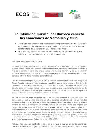 La intimidad musical del Barroco conecta Versalles y Mula en el ECOS Festival