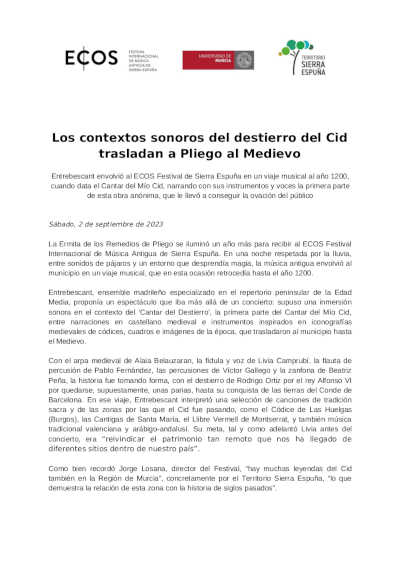 Los contextos sonoros del destierro del Cid trasladan a Pliego al Medievo envuelve al ECOS Festival