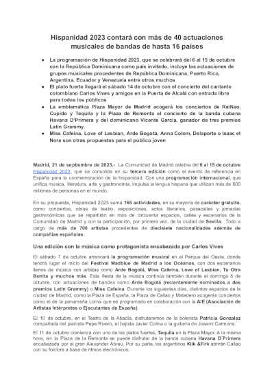 Hispanidad 2023 | Contará con más de 40 actuaciones musicales de bandas de hasta 16 países