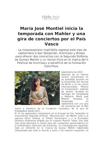 María José Montiel inicia la temporada con Mahler y  una gira de conciertos por el País Vasco