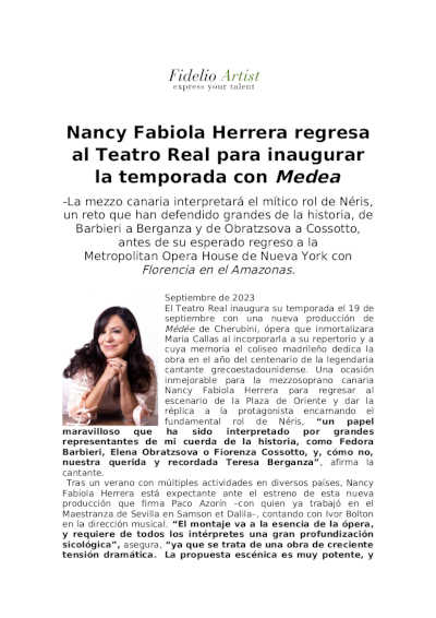 Nancy Fabiola Herrera regresa al Teatro Real para inaugurar la temporada con Medea