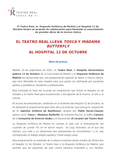 El Teatro Real lleva Tosca y Madama Butterfly al Hospital 12 de Octubre