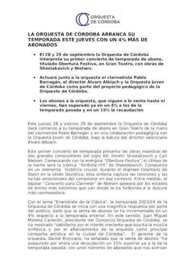 La Orquesta de Córdoba arranca su temporada 2023-2024 con un 4% más de abonados