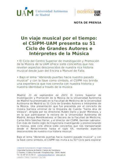 Un viaje musical por el tiempo:  el CSIPM-UAM presenta su 51 Ciclo de Grandes Autores e Intérpretes de la Música