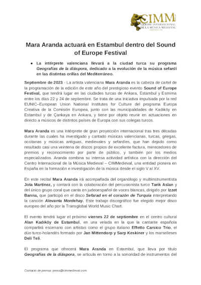 Mara Aranda actuará en Estambul dentro del Sound of Europe Festival Mara Aranda actuará en Estambul dentro del Sound of Europe Festival