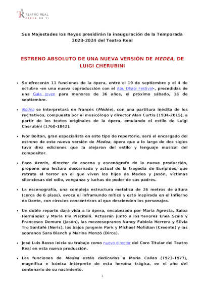 Inauguración de la Temporada 2023 – 2024 del Teatro Real con una nueva versión de Medea Inauguración de la Temporada 2023 – 2024 del Teatro Real con una nueva versión de Medea