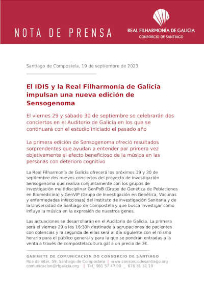 El IDIS y la Real Filharmonía de Galicia impulsan una nueva edición de Sensogenoma