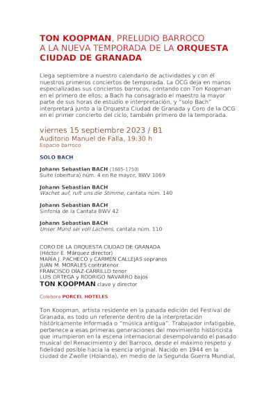 Ton Koopman como preludio barroco a la nueva temporada de la Orquesta Ciudad de Granada