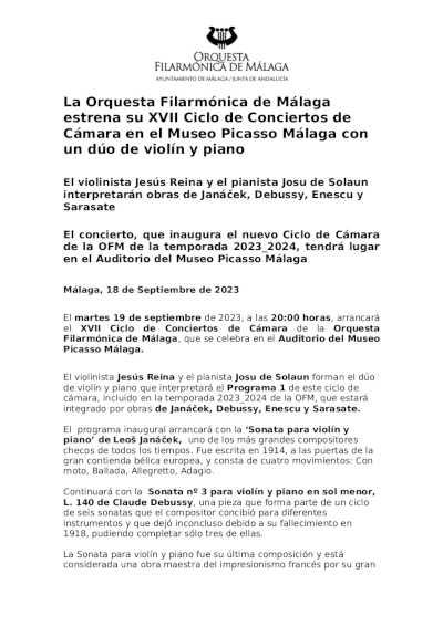 La Orquesta Filarmónica de Málaga estrena su XVII Ciclo de Conciertos de Cámara en el Museo Picasso Málaga