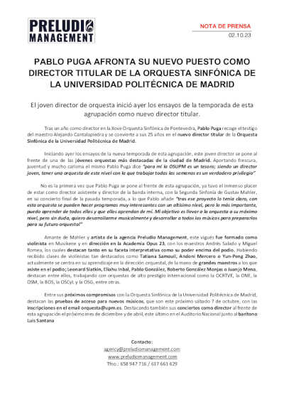 Pablo Puga afronta su nuevo puesto como director titular de la Orquesta Sinfónica de la UPM