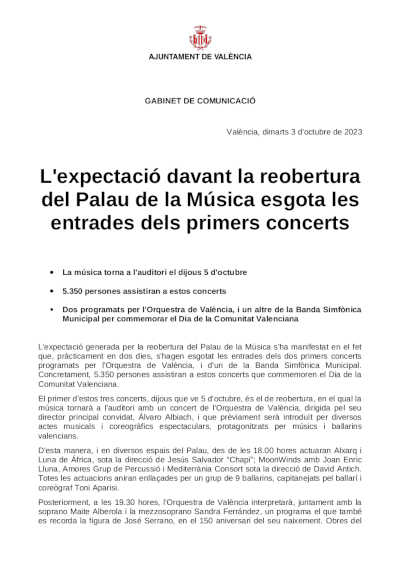 La expectación ante la reapertura del Palau de la Música agota las entradas de los primeros conciertos