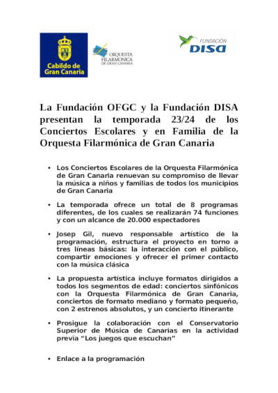 La Fundación OFGC y la Fundación DISA presentan la temporada 23/24 de Conciertos Escolares y en Familia