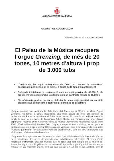 El Palau de la Música recupera su órgano Grenzing de más de 20 toneladas, 10 metros de altura y cerca de 3.000 tubos