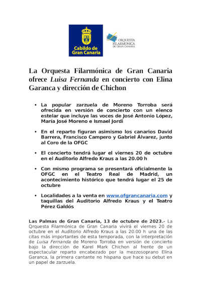 La Orquesta Filarmónica de Gran Canaria ofrece Luisa Fernanda en concierto
