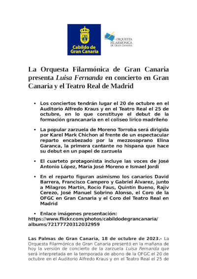 La Orquesta Filarmónica de Gran Canaria presenta Luisa Fernanda en concierto en Gran Canaria y el Teatro Real de Madrid