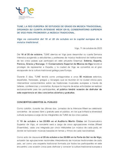 Vigo se convertirá del 16 al 20 de octubre en la capital europea de la música tradicional