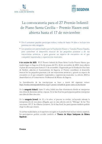 Se declara abierta la convocatoria para el 27 Premio Infantil de Piano Santa Cecilia – Premio Hazen