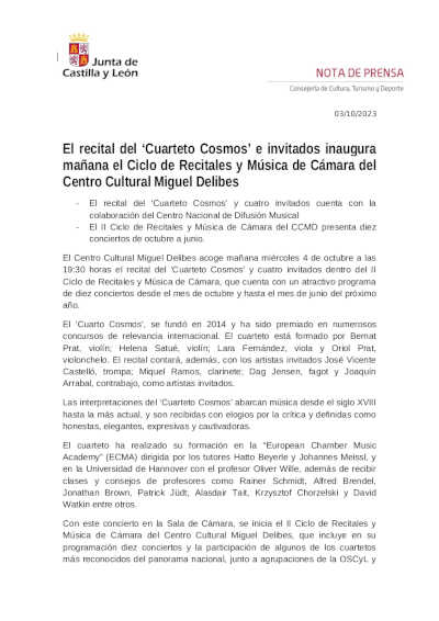 El recital del «Cuarteto Cosmos» e invitados inaugura mañana el Ciclo de Recitales y Música de Cámara