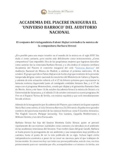 Accademia del Piacere inaugura el «Universo Barroco» en el Auditorio Nacional