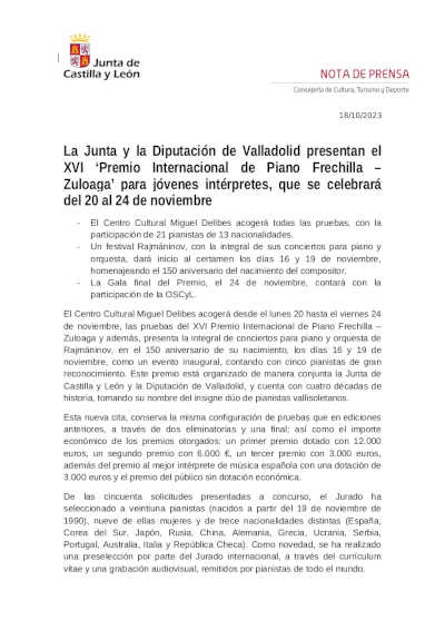 La Junta y la Diputación de Valladolid presentan el XVI «Premio Internacional de Piano Frechilla – Zuloaga»