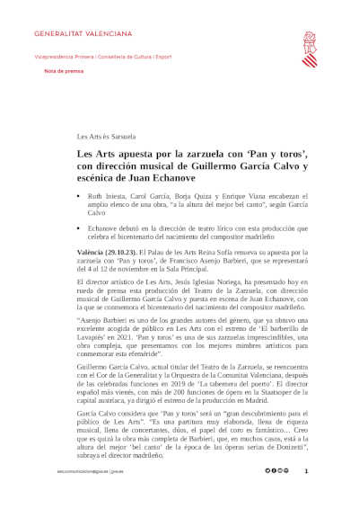 Les Arts apuesta por la zarzuela con «Pan y toros», con dirección de Guillermo García Calvo y de Juan Echanove