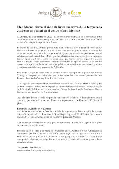 Mar Morán cierra el ciclo de lírica inclusiva de la temporada 2023 con un recital en el centro cívico Monelos