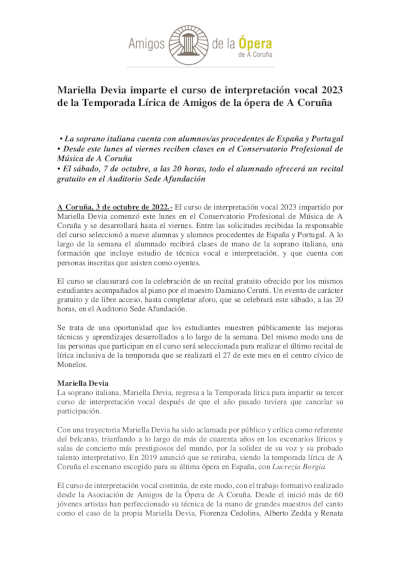 Mariella Devia imparte el curso de interpretación vocal 2023 de la Temporada Lírica de Amigos de la ópera de A Coruña