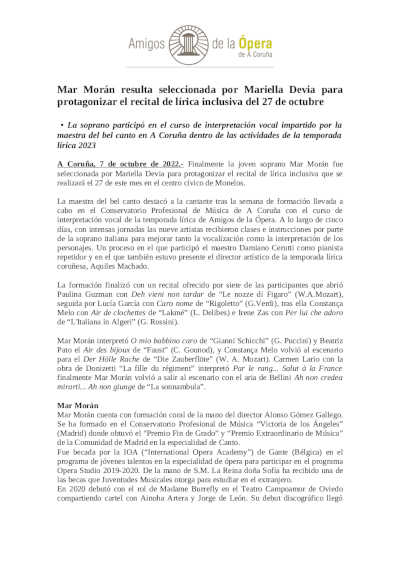 Mar Morán resulta seleccionada por Mariella Devia para protagonizar el recital de lírica inclusiva