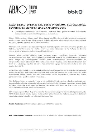 ABAO Bilbao Opera y BBK inician la segunda edición del programa sociocultural senior ABAO Bilbao Opera y BBK inician la segunda edición del programa sociocultural senior