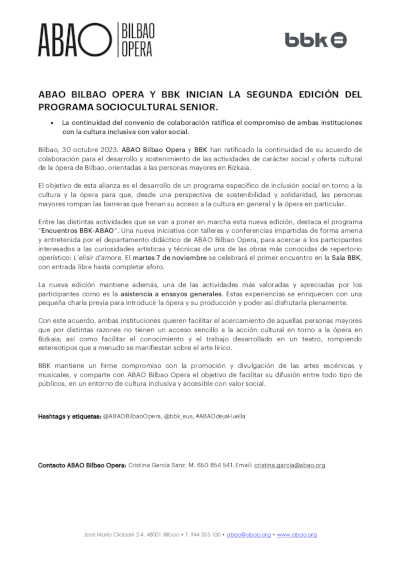 ABAO Bilbao Opera y BBK inician la segunda edición del programa sociocultural senior ABAO Bilbao Opera y BBK inician la segunda edición del programa sociocultural senior