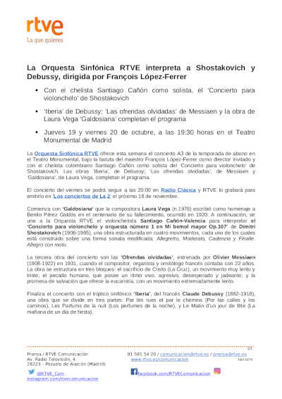 La Orquesta Sinfónica RTVE interpreta a Shostakovich y Debussy, dirigida por François López-Ferrer