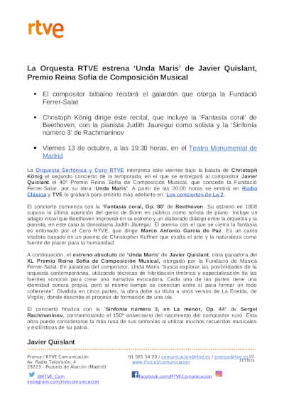 La Orquesta RTVE estrena «Unda Maris» de Javier Quislant, Premio Reina Sofía de Composición Musical