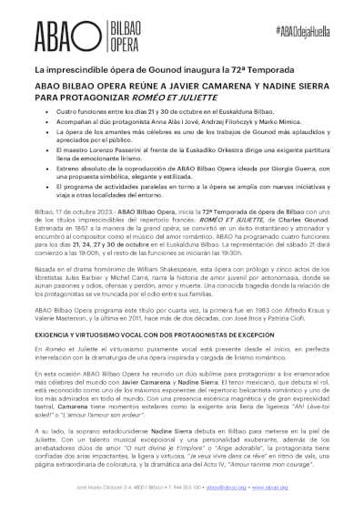 ABAO Bilbao Opera reúne a Javier Camarena y Nadine Sierra para protagonizar Roméo et Juliette