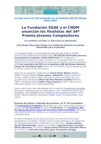 Finalistas del 34º Premio Jóvenes Compositores Fundación SGAE – CNDM