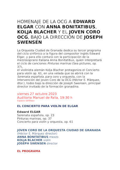 Homenaje de la OCG a Edwarde Elgar con Anna Bonitatibus, Kolka Blacher y el Joven Coro OCG