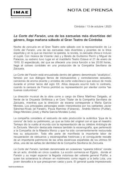 La Corte del Faraón, una de las zarzuelas más divertidas del género, llega al Gran Teatro de Córdoba