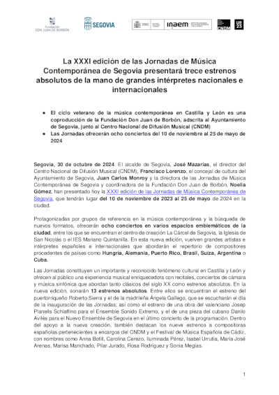 El CNDM y la Fundación Don Juan de Borbón presentan la XXXI edición de las Jornadas de Música Contemporánea de Segovia