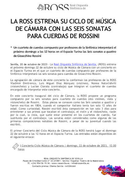 La ROSS estrena su Ciclo de Música de Cámara con las seis sonatas para cuerdas de Rossini