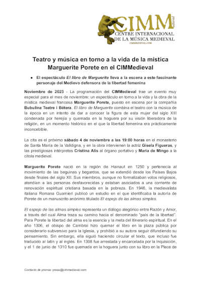 Teatro y música en torno a la vida de la mística Marguerite Porete en el CIMMedieval