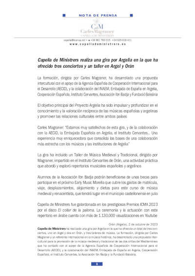 Capella de Ministrers realiza una gira por Argelia en la que ha ofrecido tres conciertos y un taller en Argel y Orán