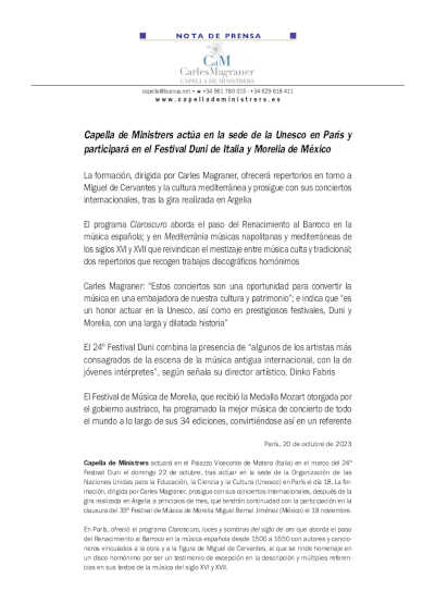 Capella de Ministrers actúa en la sede de la Unesco en París y participará en el Festival Duni de Italia y Morelia de México