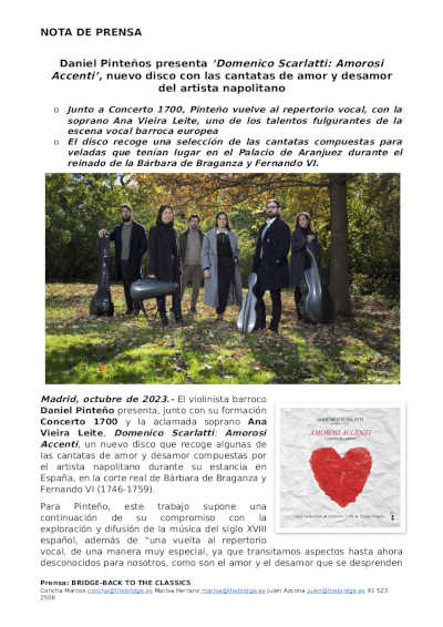 Daniel Pinteño presenta su nuevo disco «Domenico Scarlatti: Amorosi Accenti»