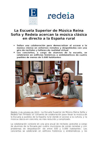 La Escuela Superior de Música Reina Sofía y Redeia acercan la música clásica en directo a la España rural La Escuela Superior de Música Reina Sofía y Redeia acercan la música clásica en directo a la España rural
